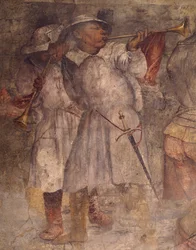 Man die trompet speelt, (detail) van fresco door Girolamo Romanino, Sint Antoniuskerk, Breno, Italië