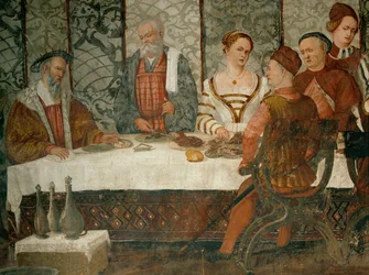 Bezoek van koning Christian van Denemarken aan Malpaga in 1474 (fresco)