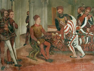 Kooplui presenteren Bartolomeo Colleoni met kleding en tapijten (fresco)