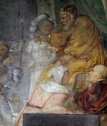 Nebukadnezar, detail van het wonder van Daniels drie metgezellen, fresco door Girolamo Romanino (ca 1484-na 1562), detail van de rechter muur van de Kerk van Sint Antonius Abt, Breno, Italië