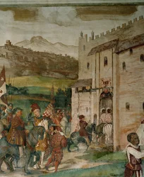 Terugkeer van Bartolomeo Colleoni en koning Christian naar Malpaga na de jachtpartij (fresco)