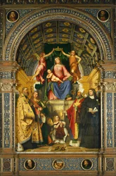Altaarstuk van Sint Justina: Madonna op de troon met Heiligen Benedictus, Justina, Prosdocimo en Scholastica, door Girolamo Romanino