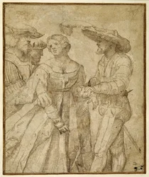 Scène van galanterie: vier figuren tegen een landschap