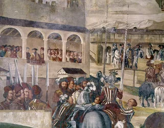 Toernooi ter Ere van Christiaan I van Denemarken bij Castello di Malpaga, detail van de linkerzijde, 1520-30