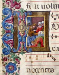 Versierde initiaal met afbeelding van Maria Magdalena aan de voeten van Jezus