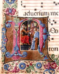 Gedecoreerde letter die Jezus Christus voorstelt voor Pontius Pilatus Miniatuur door Girolamo da Cremona (actief rond 1451-1483) en Liberale da Verona (1445-1529) uit een koor (Cod. 22/7. c.22.) van de kathedraal van Siena. 15e eeuw Kathedraal (Duomo)