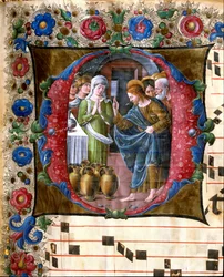 Versierde initiaal die de bruiloft van Kana voorstelt Miniatuur door Girolamo da Cremona (actief rond 1451-1483) en Liberale da Verona (1445-1529) uit een koorboek (Cod. 19/4. c.19v.) uit de Kathedraal van Siena. 15e eeuw Kathedraal (Duomo) van Siena, Ital
