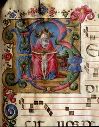 Lettrine B gedecoreerd die de Heilige Drie-eenheid (Troon van Genade) voorstelt God, Jezus Christus en de duif van de Heilige Geest (Heilige Geest). Miniatuur door Girolamo da Cremona (actief rond 1451-1483) uit een koor (Cod. 10/L. c.81v) van de kathedraa