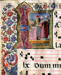 Miniatuur offerscène door Girolamo da Cremona uit een koorboek van de kathedraal van Siena. 15e eeuw