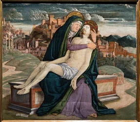 Rouw, door Gerolamo da Treviso de Oude, c.1495-7. Op de achtergrond een versterkte stad die een Venetiaans dorp zoals Soave of Marostica zou kunnen voorstellen.