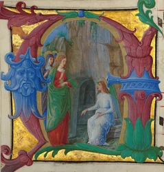 Handschriftverluchting met de heilige vrouwen bij het graf in een initiaal A..., Italiaans, ca. 1490-1500.