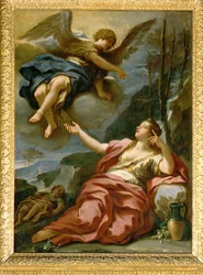De engel verschijnt aan Hagar in de woestijn (schilderij op doek)