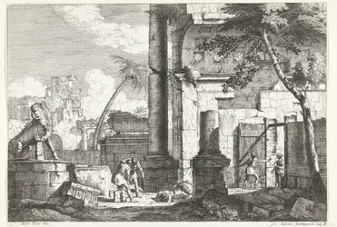Antieke ruines met graf plunderaars en palmboom