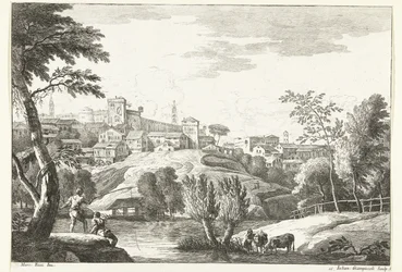 Heuvellandschap met stad en hengelaar