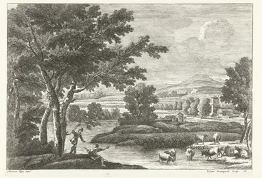Landschap met herders en vee bij water