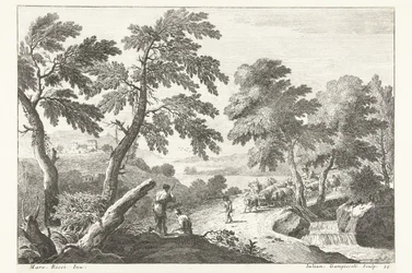 Landschap met herders op weg langs kleine waterval