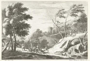Landschap met onweer en geschrokken dieren bij kleine waterval