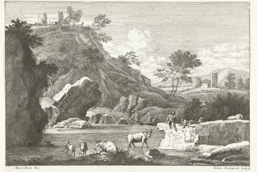 Landschap met twee herders en vee bij water