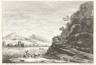 Rivierlandschap met huis tegen rots