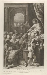 Sint Job zittend rechts ontvangt de geschenken van het volk, ca. 1760-1800