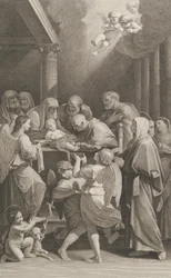 De besnijdenis van Christus, een groep mannen, vrouwen en engelen om hem heen