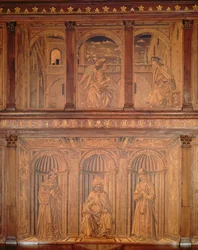 Na restauratie kasten in de Noord-Sacristie (Sacrestia delle Messe) die de Annunciatie en een bisschop op de troon voorstellen