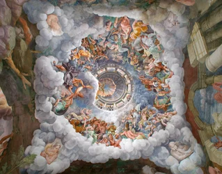 Zeus, omringd door andere goden van de Olympus, werpt bliksemschichten tegen de Giganten en vernietigt hen, gewelf en de zuid- en westmuren, Zaal van de Giganten (Sala dei Giganti)