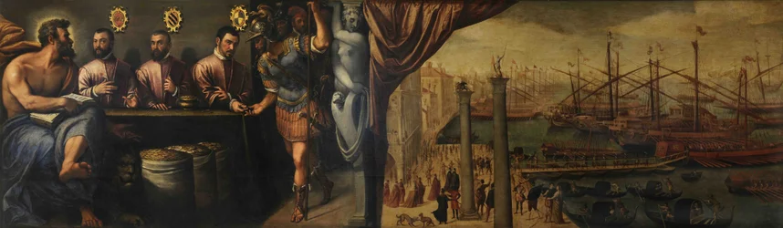 Sint Marcus helpt drie Magistraten bij het rekruteren van de militie voor de vloot, ca 1586