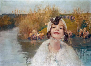 Portret van babymeisje met platteland op de achtergrond