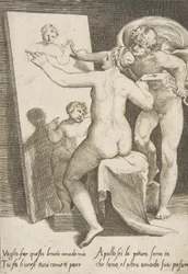 Apollo naast een vrouw die een allegorie van schilderkunst vertegenwoordigt