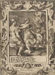 Athena zittend bij Juno die de pijlen van Cupido heeft weggenomen, binnen een uitgebreide lijst
