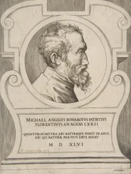 Borstbeeld portret van Michelangelo naar rechts, binnen een cartouche