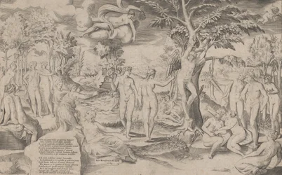 Cupido in de Elyseïsche velden vastgebonden aan een boom, omringd door vele figuren