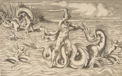 Hercules vecht met een draak in het midden, Achelous ontvoert Deianeira linksboven