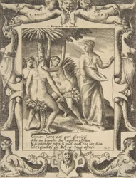 Juno rechts draaiend en sprekend tot de Schikgodinnen, binnen een sierlijk kader, 1531-76