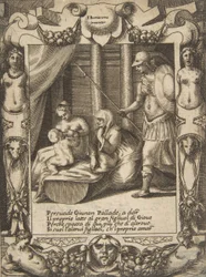 Juno overtuigt Athena om de jonge Hercules te voeden, binnen een uitgebreide lijst, ca. 1531-76