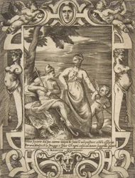 Jupiter links in de vorm van een herder vergezeld door Mnemosyne, binnen een uitgebreide..., 1531-1576
