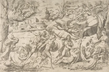Mars en Rhea Silvia: in het midden houdt Mars een schild en zwaard, Rhea Silvia slaapt, ca. 1531-76
