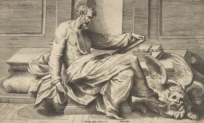 Sint Marcus schrijft zijn evangelie, een gevleugelde leeuw rechts