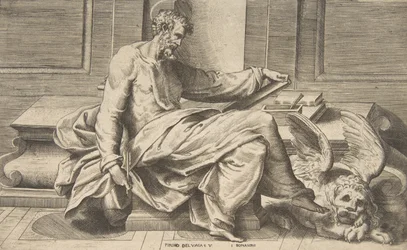 Sint Marcus schrijft zijn evangelie, gevleugelde leeuw rechts, 1531-76