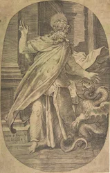 Sint Paulus overwint de adder, binnen een architecturale setting, een ovaal compositie, ca. 1540-70
