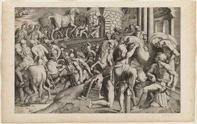 Het Trojaanse paard wordt de stad Troje binnen gesleept