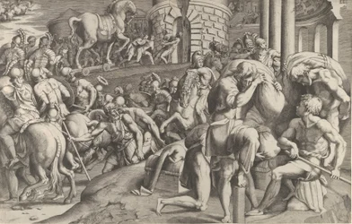 De Trojanen slepen het houten paard Troje binnen, 1545