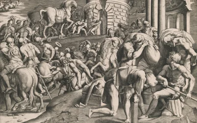 De Trojanen trekken het houten paard de stad in