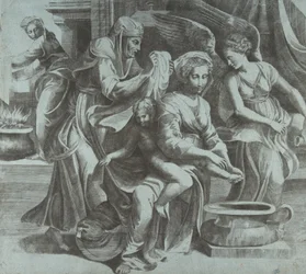 De Maagd wast het Christuskind vergezeld door figuren en een engel rechts, ca. 1550-60