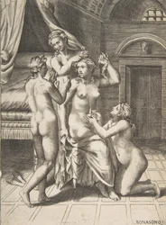 De toilet van Psyche die in het midden zit en wordt verzorgd, 1531-76