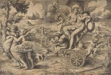 De triomf van Cupido en Psyche die op een wagen zitten getrokken door twee vogels, ca. 1550-67