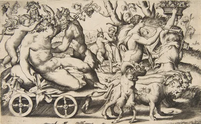 Triomf van Bacchus die links op een wagen zit