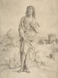Sint Johannes de Doper staand in Landschap, Figuren en Gebouwen op de Achtergrond