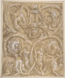 Ontwerp voor een decoratief paneel met rinceaux, saters, putti, monsters en een menselijk hoofd, 1535-45